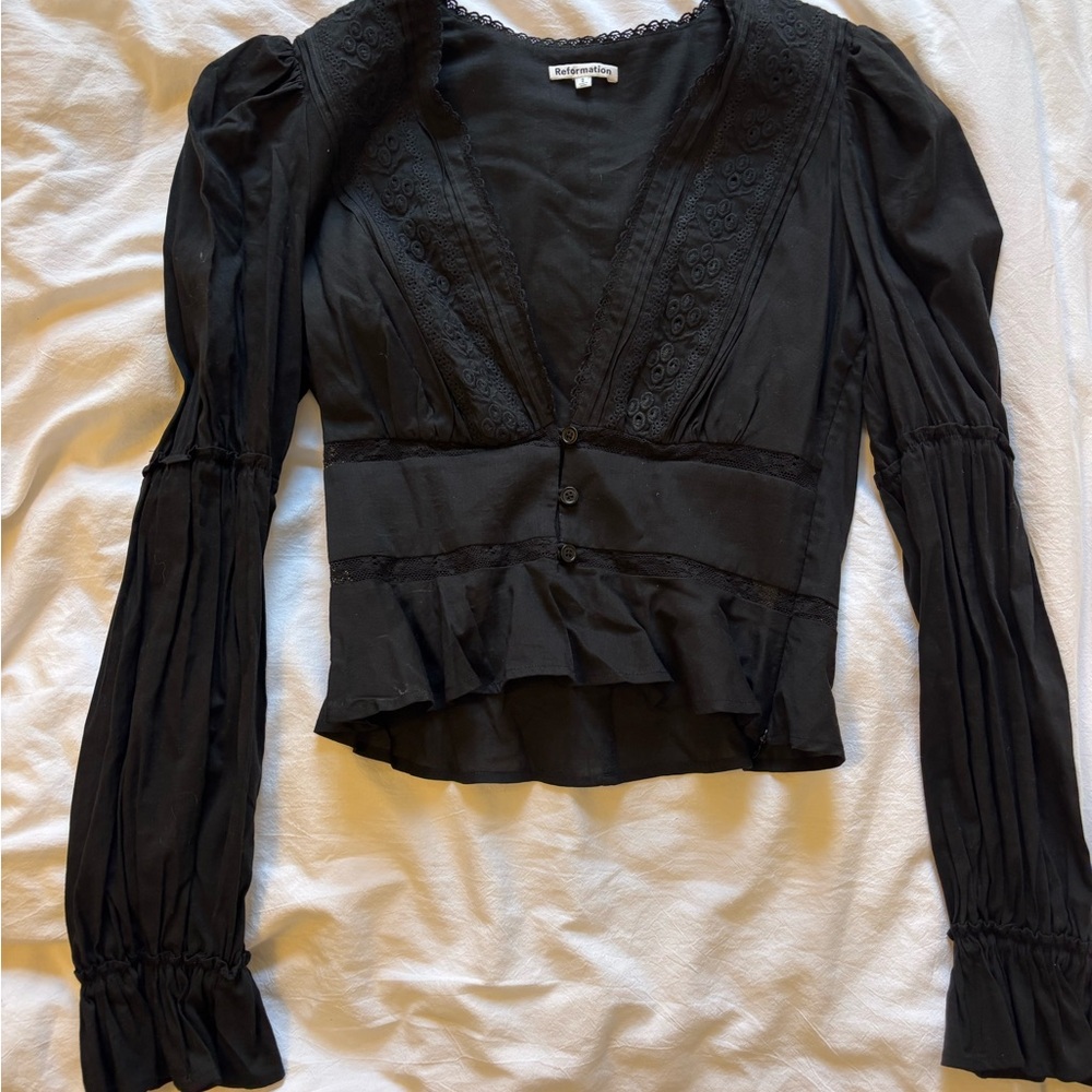 Reformation Black Lace Detail Blouse